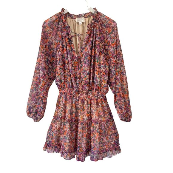 Lavender Brown Dress Smocked Long Sleeves Elastic Waist Tiered Floral Medium EUC - Picture 1 of 15